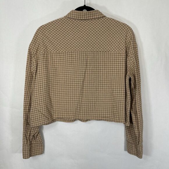 RSQ Women’s Cropped Flannel Shirt Plaid Brown Tan Long Sleeves - Picture 3 of 8